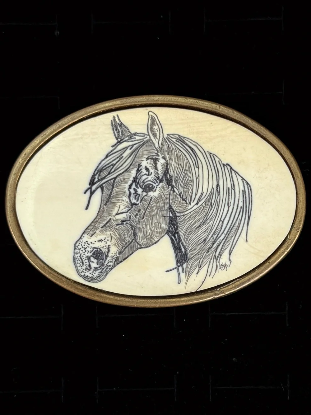 Vintage Solid Brass Western Horse Portrait Plaque in Cream Belt Buckle